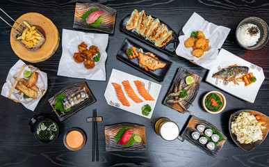 Japanese favorite menu food set on wooden background