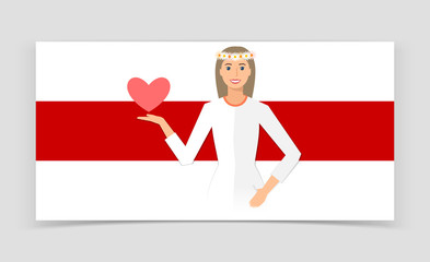 New flag of Belarus and young woman with flower crown holding symbol of heart
