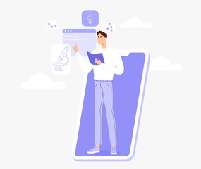 Concept of online education. Male teacher from the phone leads lessons online for school children's or university students. Online seminar or webinar, video course or web seminar. 