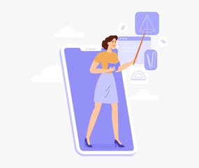 Female teacher from the phone leads lessons online for school children's or university students.