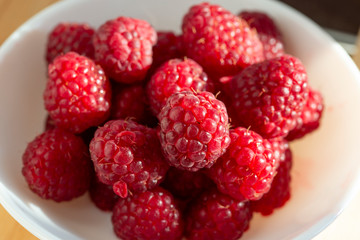 Close-up of raspberries in a white plate