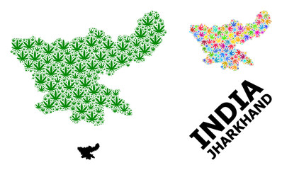 Vector Mosaic Map of Jharkhand State of Colorful and Green Marijuana Leaves and Solid Map