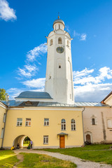 Novgorodsky kremlin, Veliky Novgorod, Russia. Chasozvonya (clock tower) in summer day
