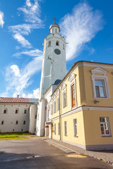 Novgorodsky kremlin, Veliky Novgorod, Russia. Chasozvonya (clock tower) in summer day