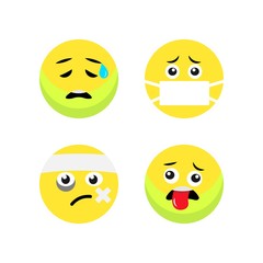 Fototapeta premium Set of yellow round emoticons. Set of unhappy, sick emoji icons. Cartoon faces expressing different feelings.