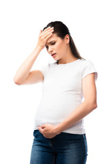 exhausted pregnant woman in white t-shirt touching head isolated on white
