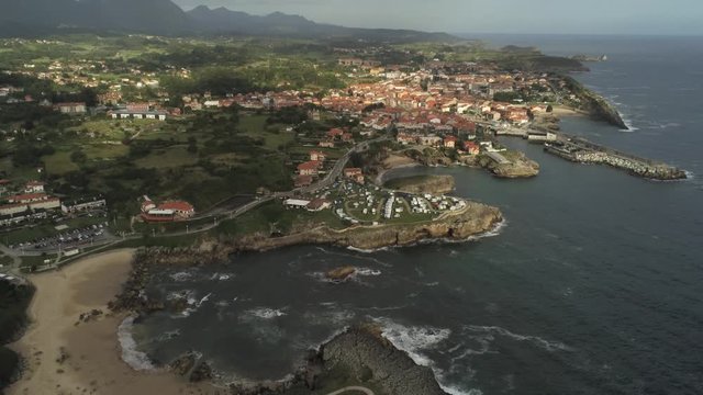 Asturias. Coastal village of Llanes. Spain. Aerial Drone Footage