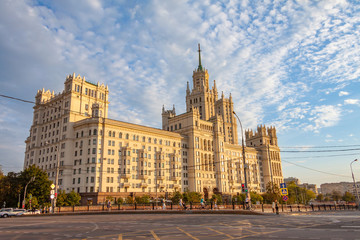Kotelnicheskaya Embankment Building, one of seven Stalinist skyscrapers in Moscow, summer evening cityscape