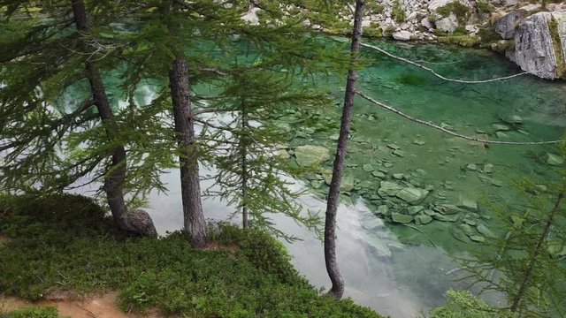 Italy  Piedmont,  Devero village  , ( lago delle streghe )  Alps - caucasian girl do trekking , hiking in a wood mountains, 
Lake of witches  with clear water in a wild landscape of nature