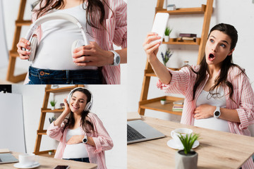 collage of pregnant woman listening music in wireless headphones near gadgets and cup on table