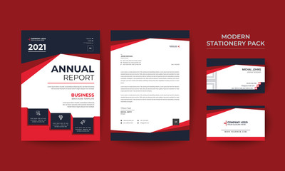 Modern stationery pack with a business card, letterhead, and annual report cover template