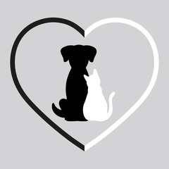 Obraz premium silhouette of dog and cat in black and white heart on gray background