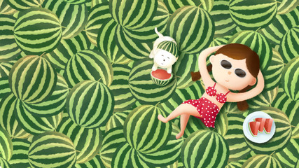 Summer holiday illustration. Little girl in bikini waring sunglasses lying on the watermelons with a puppy on summer day.