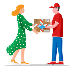 Woman receive cardboard box from man. Courier character holds parcel in his hands. Carton delivery packaging closed box with fragile signs. Free and fast shipping. Vector illustration in flat style