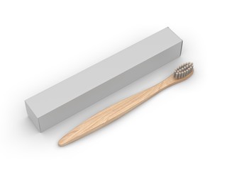 Blank Wooden Bamboo Toothbrush With Box For Mockup Design And Branding. 3d rendering illustration.