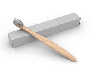 Blank Wooden Bamboo Toothbrush With Box For Mockup Design And Branding. 3d rendering illustration.