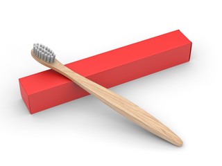 Blank Wooden Bamboo Toothbrush With Box For Mockup Design And Branding. 3d rendering illustration.