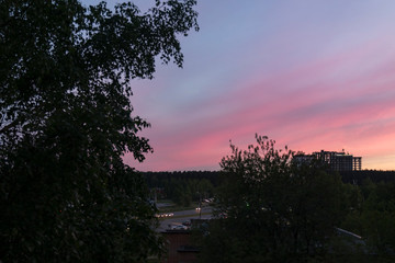 Purple sunset over the evening city
