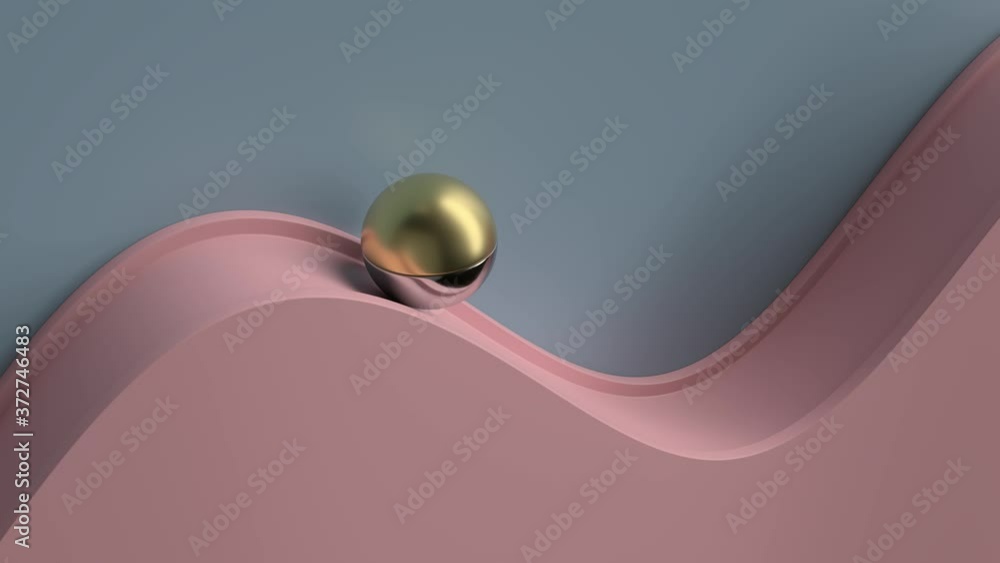 Poster cycled minimal animation. abstract 3d render. metall ball rolling on the wavy geometry. loopable seq