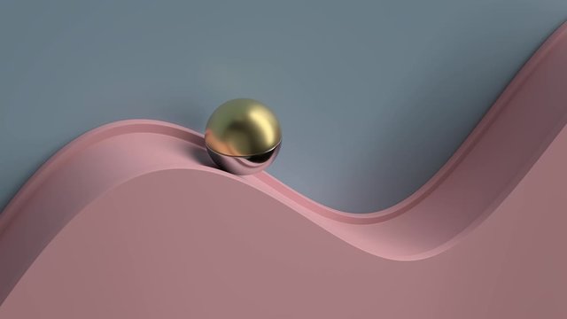 Cycled minimal animation. Abstract 3d render. Metall ball rolling on the wavy geometry. Loopable sequence.