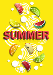 Set of 3D fruit slices. Abstract composition of ripe limes,
grapefruits, oranges, lemons, watermelons, and apples. Design for decoration.
Stock vector.