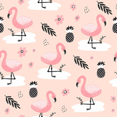 Seamless pattern with flamingo and hand drawn elements.