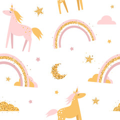 Cute seamless pattern with unicorns and rainbows.