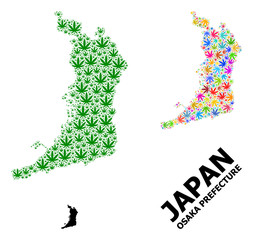 Vector Mosaic Map of Osaka Prefecture of Bright and Green Hemp Leaves and Solid Map