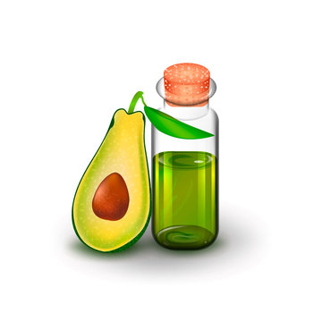 Avocado cut with a bone 
and a glass bottle with avocado oil 
isolated on white background.Natural organic ingredient can be used in cooking, cosmetology, medecine.
Stock vector illustration.