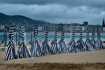 Awnings collected on the beach of the shell