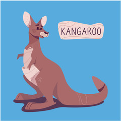 Australian kangaroo in cartoon style. Vector illustration of a brown marsupial animal, inscription and butterfly. Cute drawing, print for printing, for children's books, for cards. isolated on blue.
