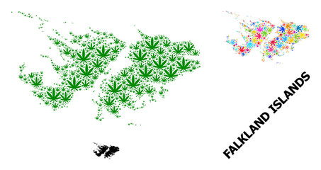 Vector Collage Map of Falkland Islands of Colored and Green Weed Leaves and Solid Map