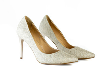 Obraz premium Women's red shoes from a varnish on a white background