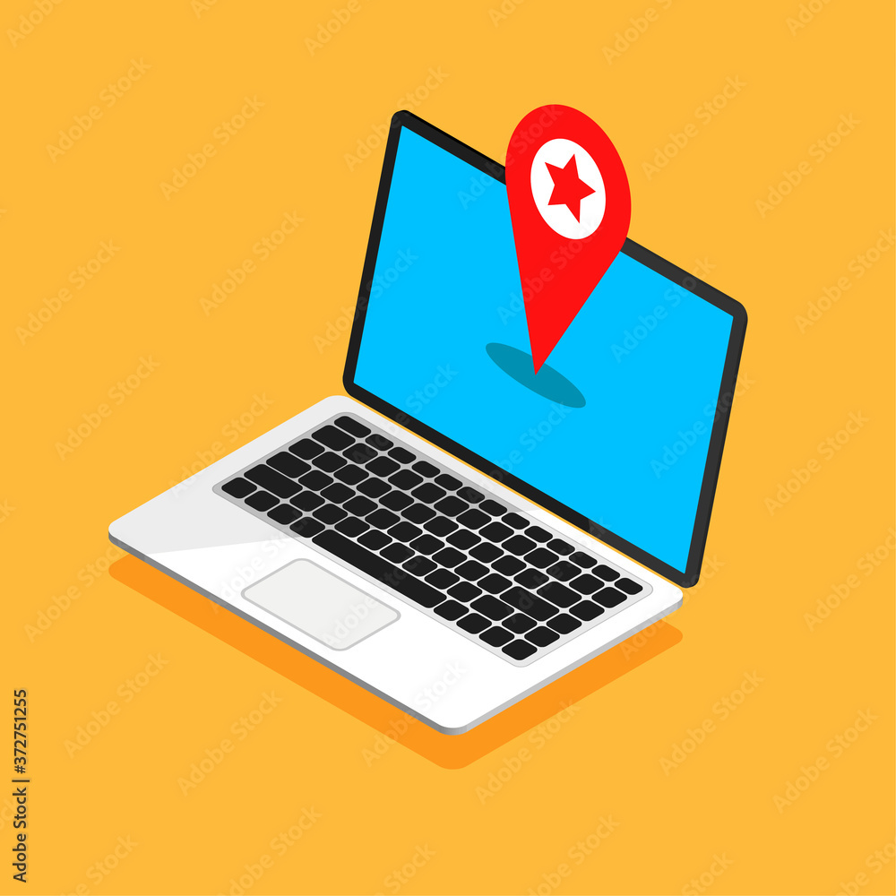 Aufkleber isometric laptop monitor with map navigation on a screen. gps navigator with red pinpoint on blue di