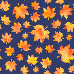 Watercolor orange maple leaves on blue background. Seamless pattern. Hand-painted texture. Watercolor stock illustration. Design for backgrounds, wallpapers, textile, covers and packaging.