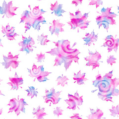 Watercolor pink maple leaves on white background. Seamless pattern. Isolated on white background. Watercolor stock illustration. Design for backgrounds, wallpapers, covers, textile, packaging.