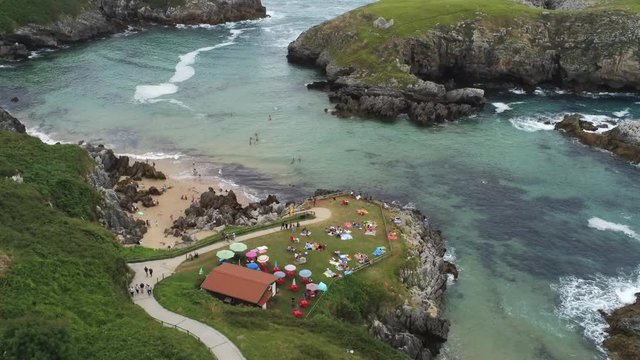 Asturias. Coastal landscape in Cue, beach of Llanes. Spain. Aerial Drone Footage