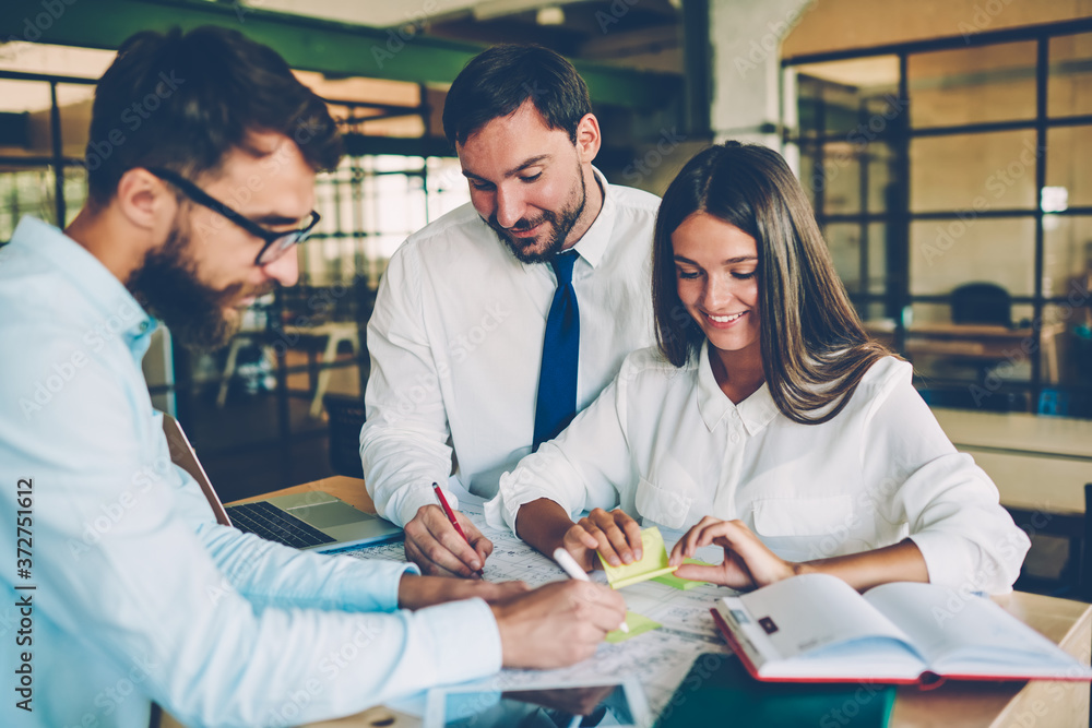 Poster professional coworkers working in team brainstorming on business plan checking accountings, group of