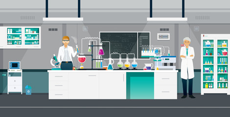 Scientists are doing chemistry experiments in the lab.