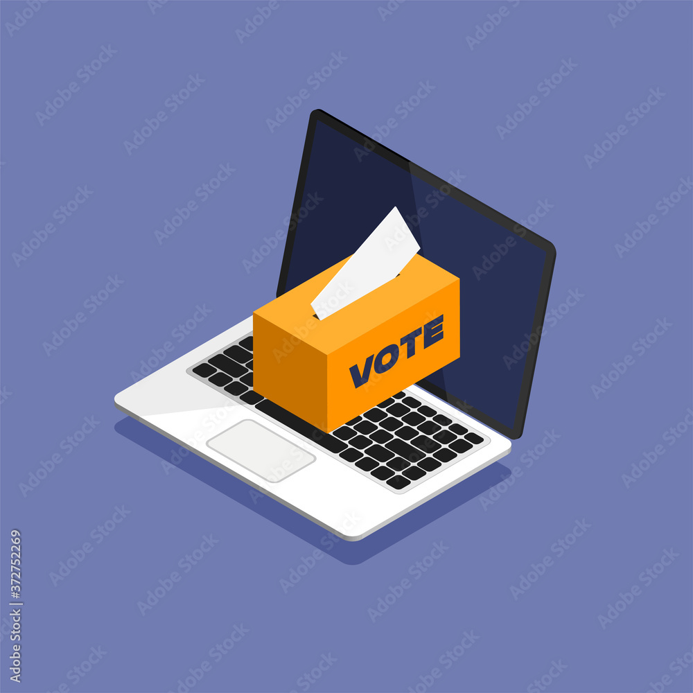 Poster voting online in isometric style. putting voting paper into ballot box that stand on a laptop displa
