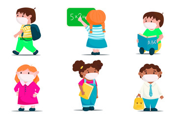 Cartoon vector set of cute children, school kids going back to school. Smiling pupils with books and backpacks. New normal.