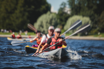 A process of kayaking in the city river canals, with colorful canoe kayak boat paddling, process of canoeing, group of kayaks