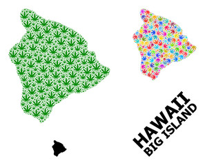 Vector Mosaic Map of Hawaii Big Island of Colored and Green Cannabis Leaves and Solid Map
