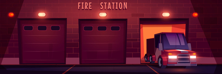 Red emergency rescue truck drives from fire station at night. Vector cartoon illustration of city firefighter department with closed gates and vehicle. Office of extinguisher service with garage