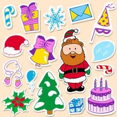 Vector illustration of Christmas stickers in doodle style. Happy New Year patches in color. Decorative elements for winter holidays.