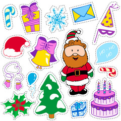 Christmas stickers isolated on white background in doodle style. Happy New Year decorative elements in color.