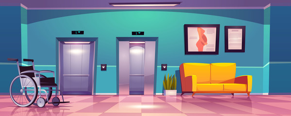 Hospital corridor with open elevator doors, yellow sofa and wheelchair. Vector cartoon interior of empty hall in medical clinic, waiting area or lobby with lift and couch