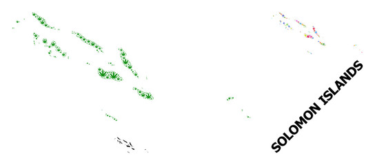 Vector Collage Map of Solomon Islands of Bright and Green Hemp Leaves and Solid Map