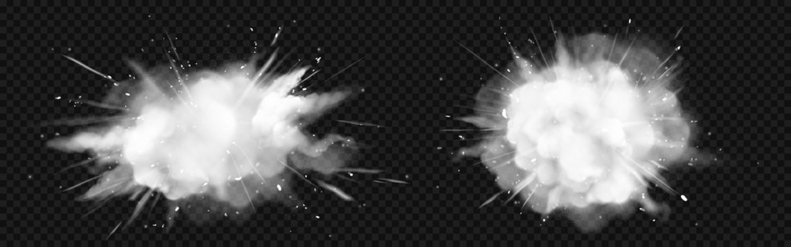 White powder explosion, snow burst with flying ice particles and snowflakes. Vector realistic set of exploding clouds of white dust isolated on transparent background