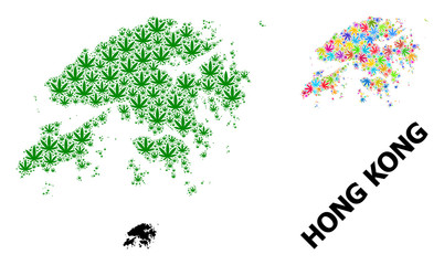 Vector Collage Map of Hong Kong of Bright and Green Weed Leaves and Solid Map